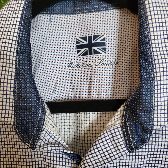 Michelsons London Button Down Shirt Mens L  Plaid Stripe Trim Long Sleeve - Picture 3 of 7
